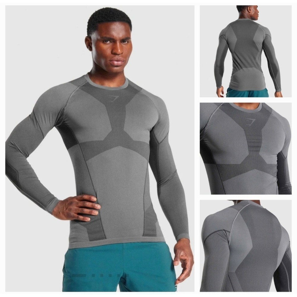 Gymshark Mens Free Force Seamless Gray Charcoal Long Sleeve Compression Shirt XL
